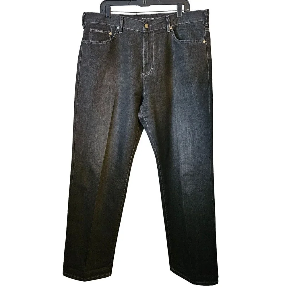 Calvin Klein Straight Leg Dark Wash Streetwear Jeans Gray Stitching Men Size 38
